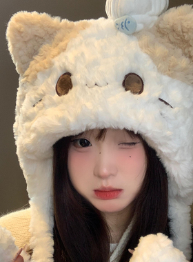 可爱猫咪耳朵厨师帽毛绒帽子女冬