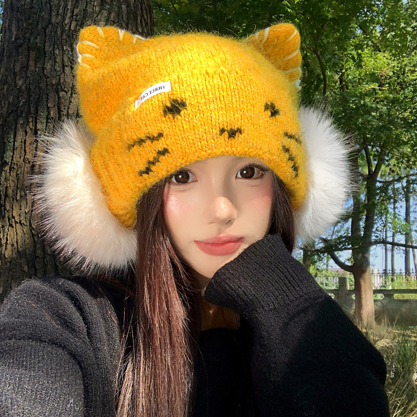 黄色可爱毛绒猫咪耳朵针织毛线帽子女秋冬保暖护耳显脸小包头冷帽
