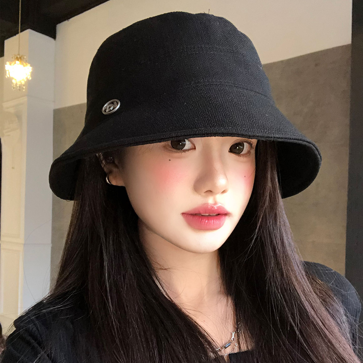 日系简约休闲黑色渔夫帽女春季高级感素颜百搭遮阳防晒帽水桶帽子