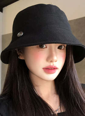 日系简约休闲黑色渔夫帽女春季高级感素颜百搭遮阳防晒帽水桶帽子