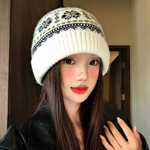 费尔岛提花针织毛线帽女冬季加厚