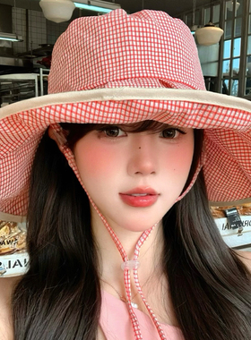 夏季红色格子大帽檐渔夫帽女2026新款防晒防紫外线出游遮阳盆帽子