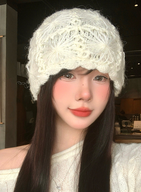 手工钩织花朵镂空包头帽女秋季
