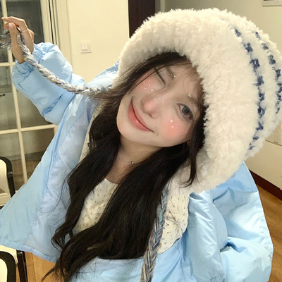 毛茸茸条纹针织毛绒帽女秋冬季