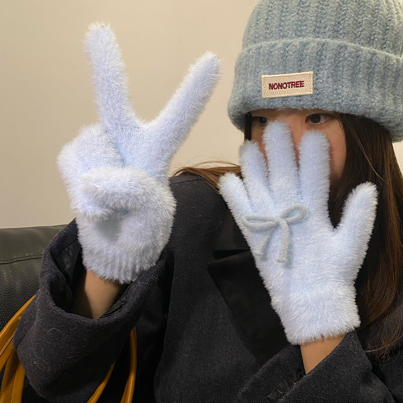蝴蝶结蓝色针织毛线手套女2024年秋冬季加厚保暖防寒学生户外骑行