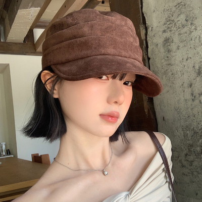 日式复古麂皮褶皱宽檐贝雷帽女