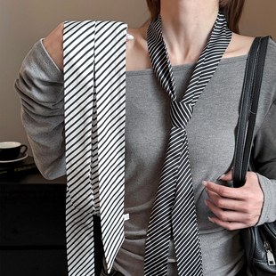 韩系ins黑白条纹细窄长条丝巾女士系脖高级感搭衬衫领巾领带颈饰