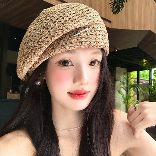 复古镂空草编贝雷帽子女士夏季