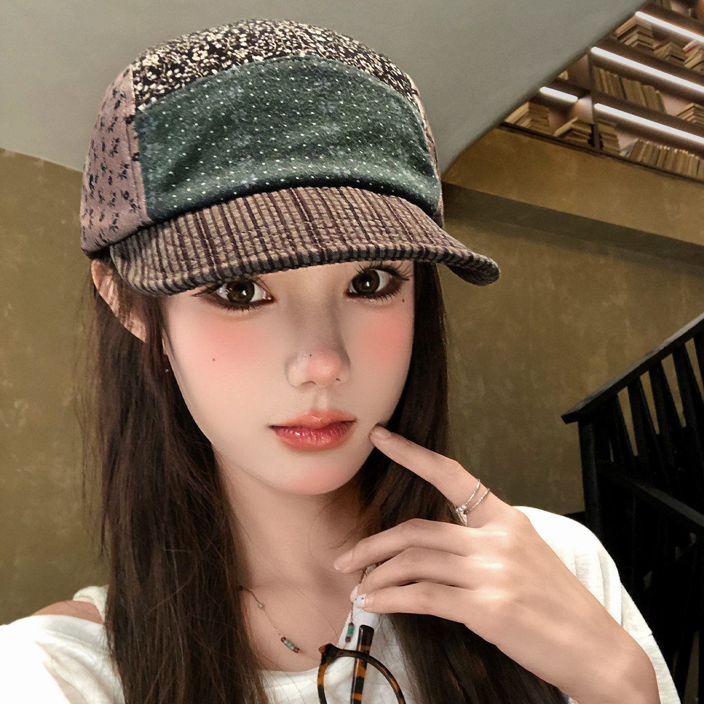 日系小碎花条纹拼接棒球帽女早秋小众复古撞色显脸小软檐鸭舌帽子