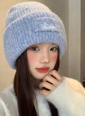 大头围蓝色针织毛线帽女秋冬季