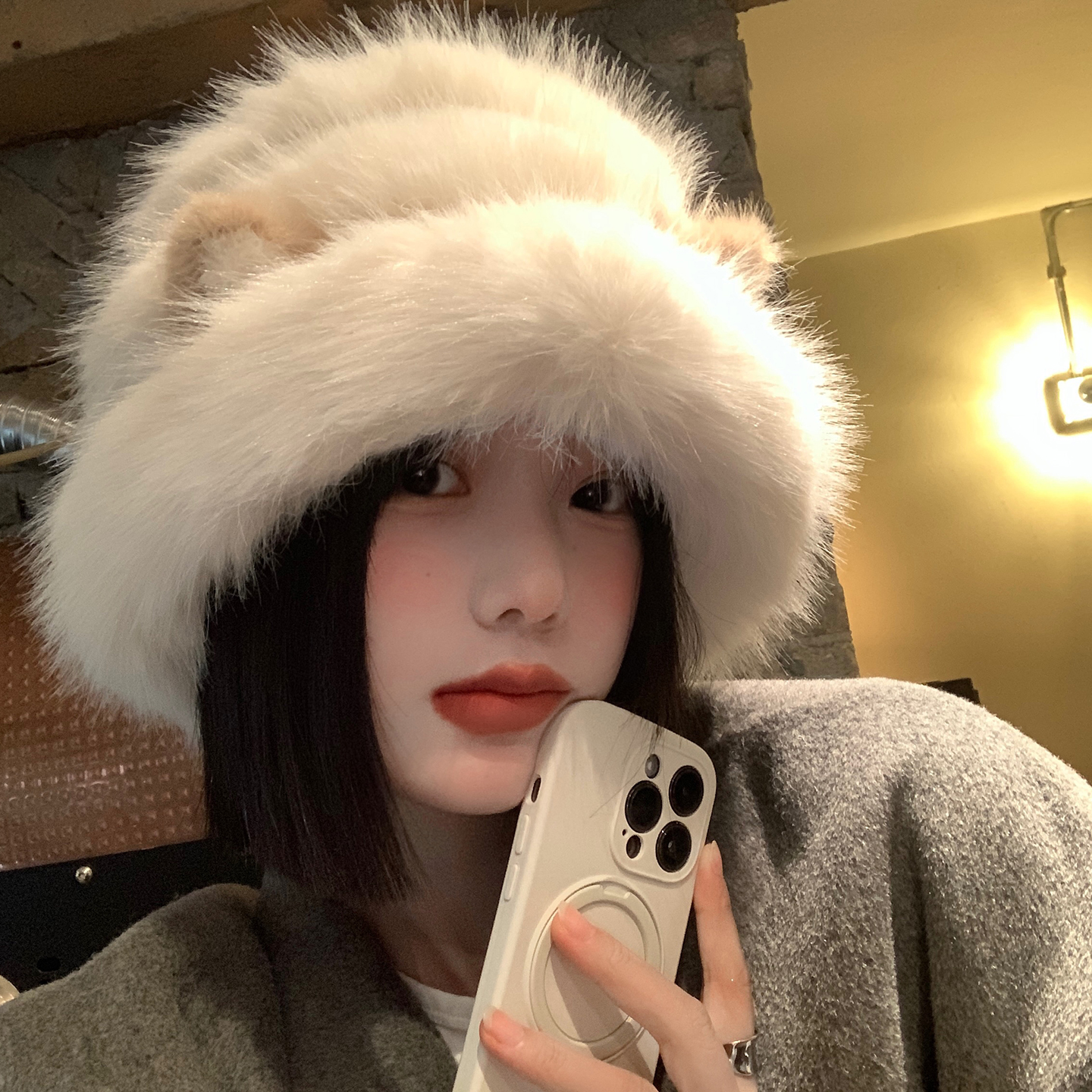 可爱猫咪耳朵毛绒渔夫帽女冬2025