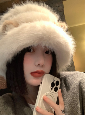 可爱猫咪耳朵毛绒渔夫帽女冬2025新款保暖防寒针织帽子大头围盆帽