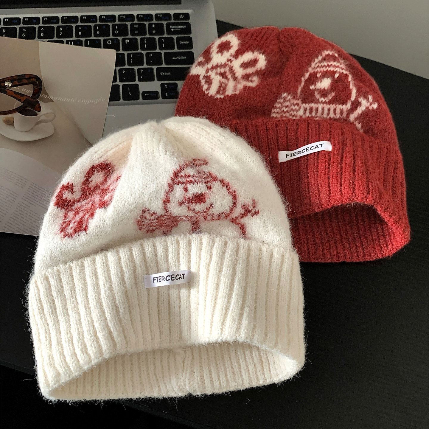 可爱圣诞雪人提花针织毛线帽女冬季氛围感保暖护耳大头围包头帽子