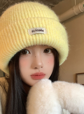 软糯黄色大头围针织帽子女秋冬季显脸小冷帽保暖防寒高级感毛线帽