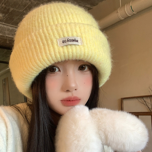 软糯黄色大头围针织帽子女秋冬季显脸小冷帽保暖防寒高级感毛线帽