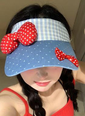红色蝴蝶结波点格纹空顶帽女夏甜美显脸小大帽檐户外遮阳防晒帽子