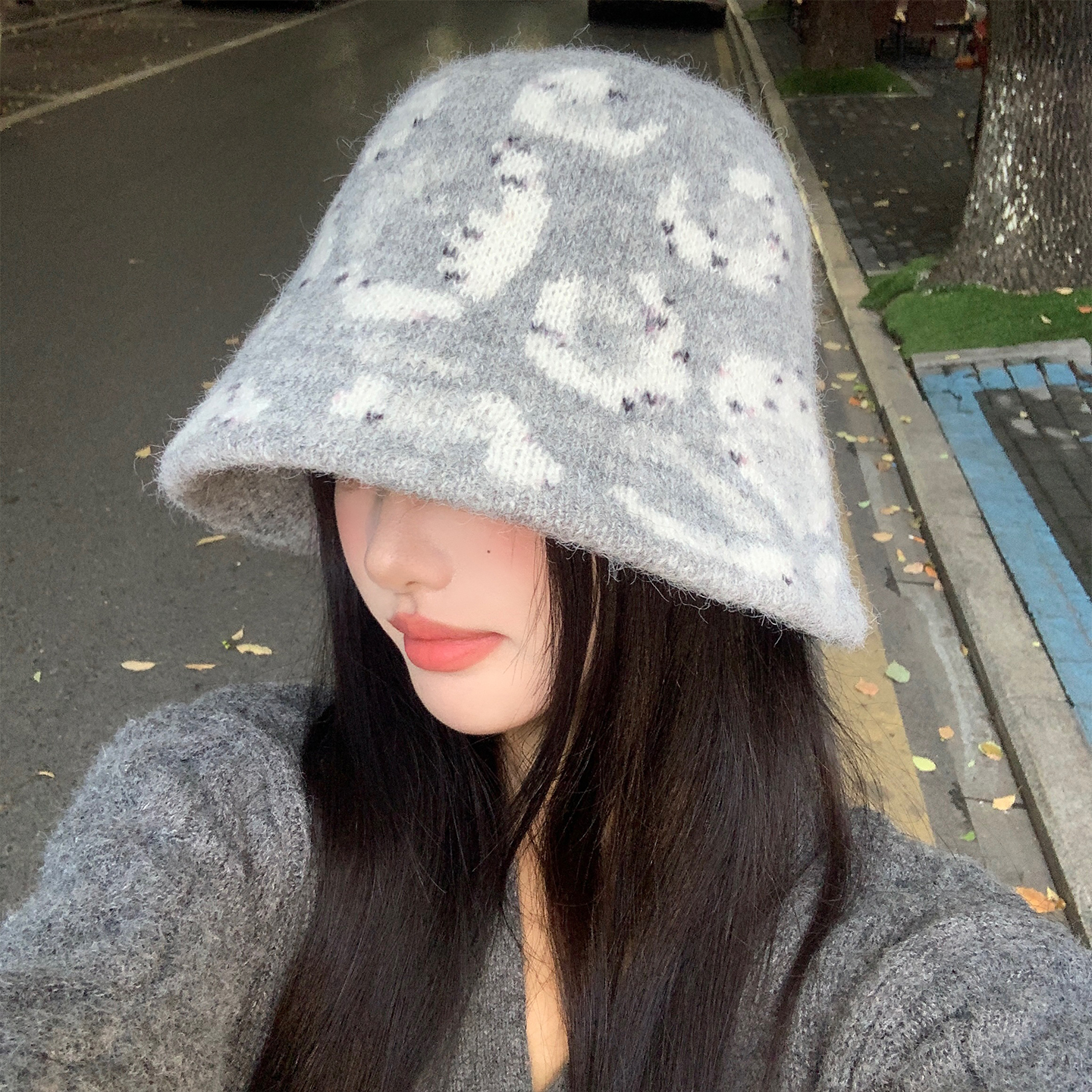 秋冬复古拼色针织渔夫帽女2025