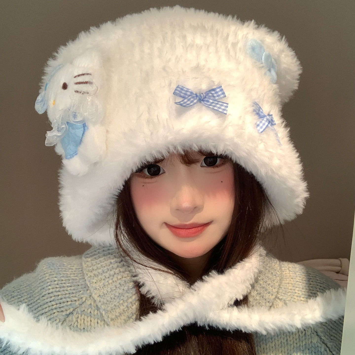 可爱kitty猫耳朵蝴蝶结毛绒帽女