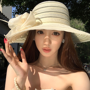 法式 透气大帽檐显脸小防紫外线遮阳防晒帽子潮 花朵优雅礼帽女夏季