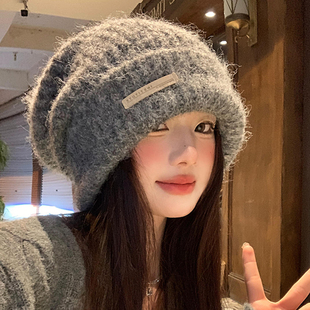 灰色含羊毛秋冬毛线堆堆帽女大头围冷帽保暖帽子显脸小护耳针织帽