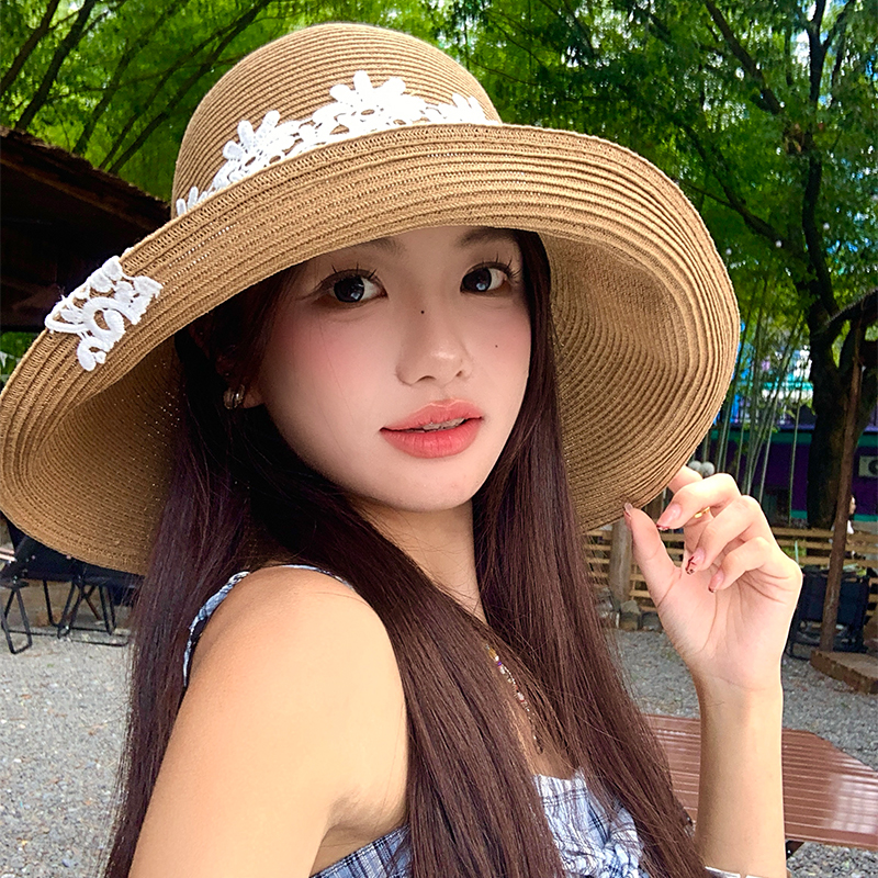 法式蕾丝花朵海边沙滩草帽女夏季