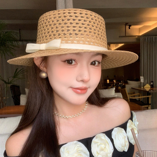 法式 蝴蝶结平顶镂空草帽女夏透气显脸小海边沙滩度假遮阳防晒帽子