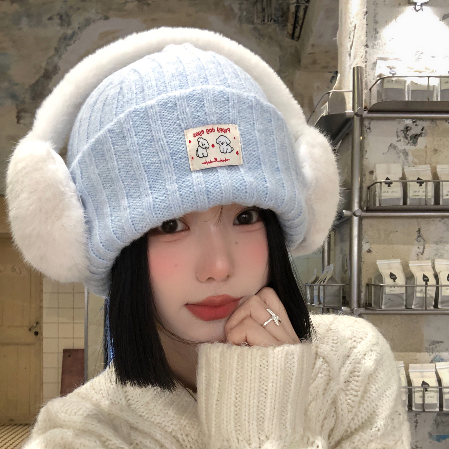 甜美蓝色小狗耳机针织毛线帽女冬氛围感加厚保暖冷帽护耳包头帽子,服饰配件/皮带/帽子/围巾,帽子,淘宝优惠券,粉丝福利购,淘宝优惠卷