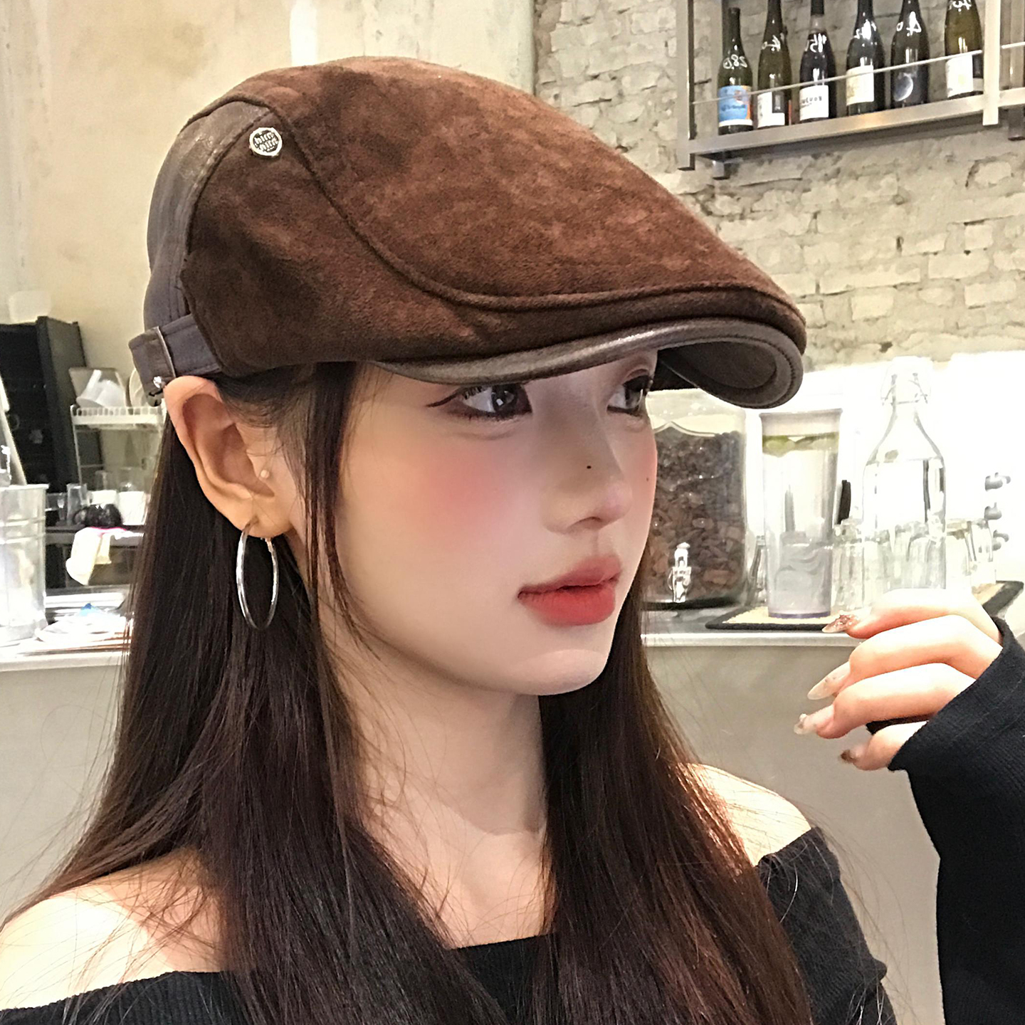 复古美式麂皮绒咖色前进帽女秋冬