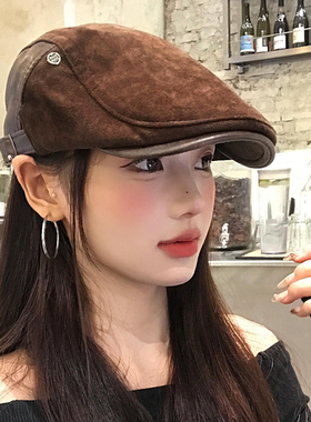 复古美式麂皮绒咖色前进帽女秋冬显脸小反戴贝雷帽大头围画家帽子
