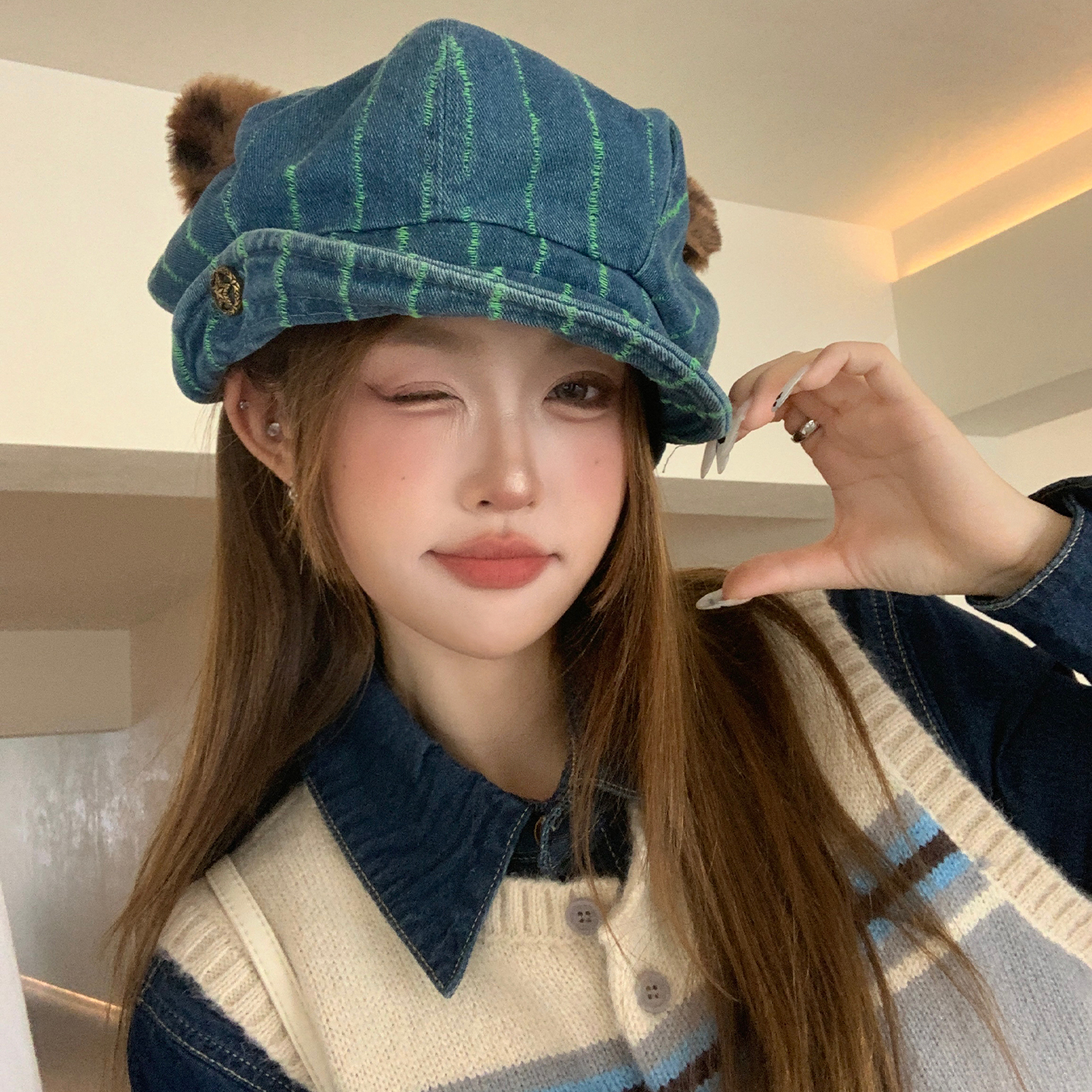 日系复古条纹破洞牛仔贝雷帽女