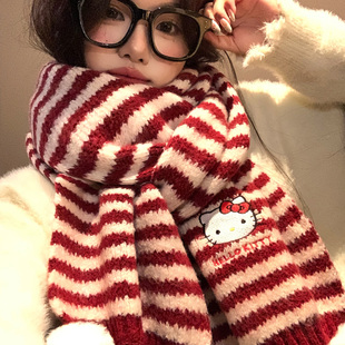 三丽鸥正版HelloKitty红色可爱卡通条纹围巾女冬保暖加厚针织围脖
