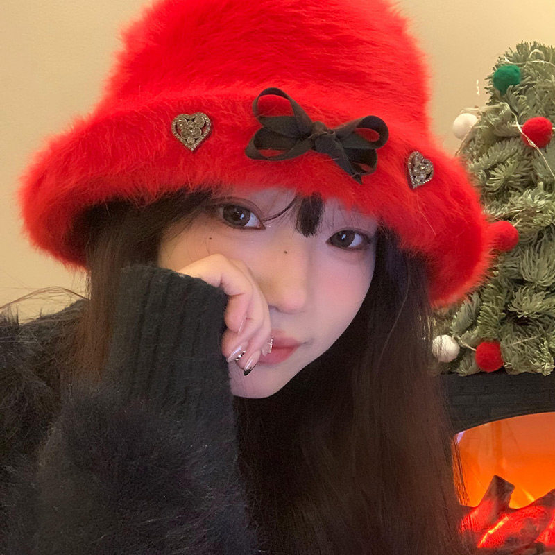 红色爱心蝴蝶结兔毛毛绒渔夫帽子女冬季韩版百搭保暖加厚护耳盆帽,服饰配件/皮带/帽子/围巾,帽子,淘宝优惠券,粉丝福利购,淘宝优惠卷