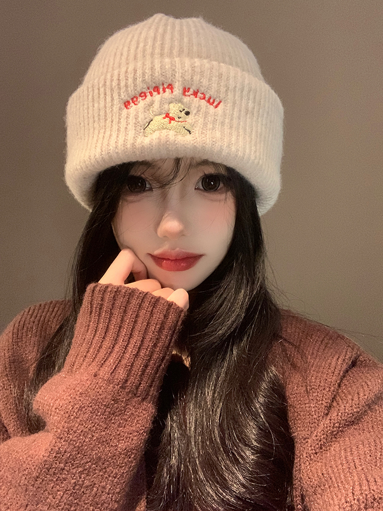 Cute Puppy Embroidered Knitted Wool Hat for Women, 2025 New Autumn and Winter Style, Makes Face Look Smaller, Versatile, Large Head Circumference Hat