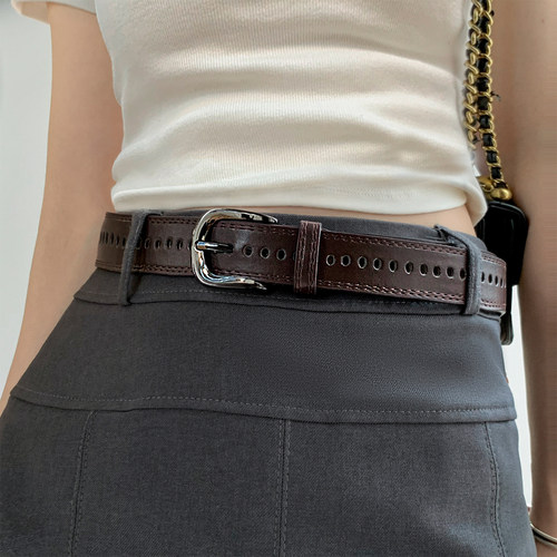 免打孔深咖色宽边皮带女士简约