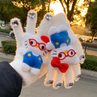 可爱白色水钻Kitty猫咪毛绒针织手套女冬季 露指触屏保暖骑车防寒