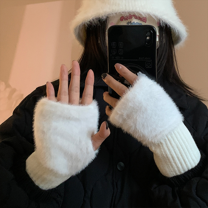 半指毛绒手套女2025年秋冬季加厚