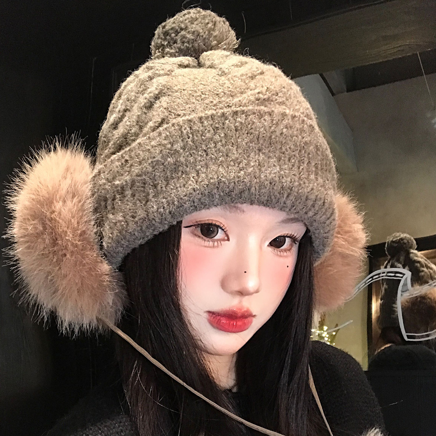 韩系麻花毛球护耳针织帽子女冬季