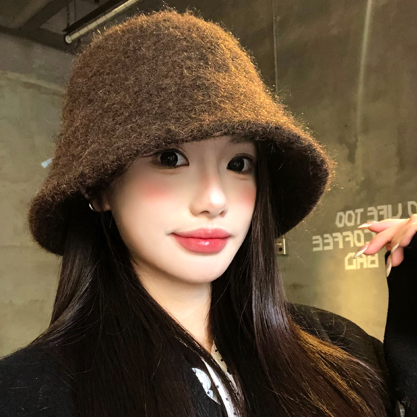 韩系咖色毛绒渔夫帽女秋冬季防寒