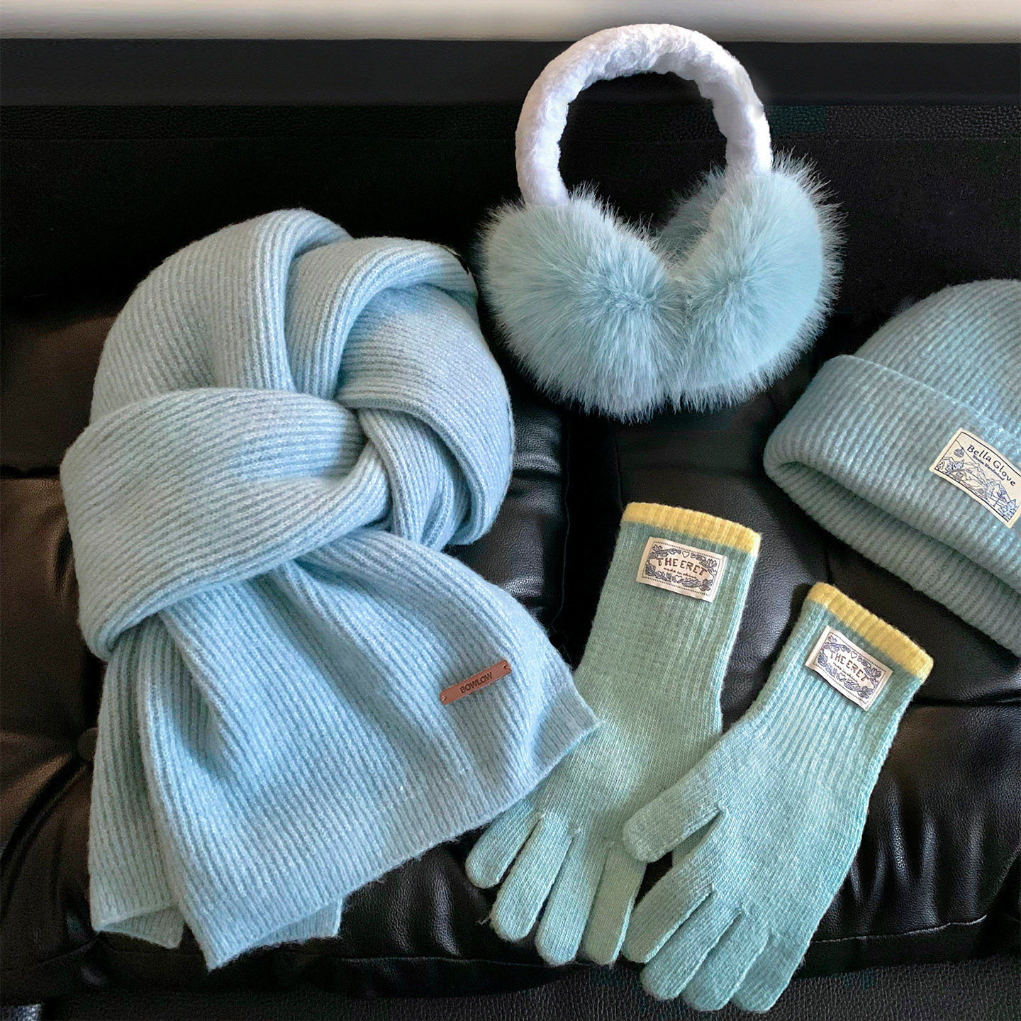 冰岛蓝~韩版氛围感针织围巾女冬加厚帽子护颈围脖护耳罩保暖手套