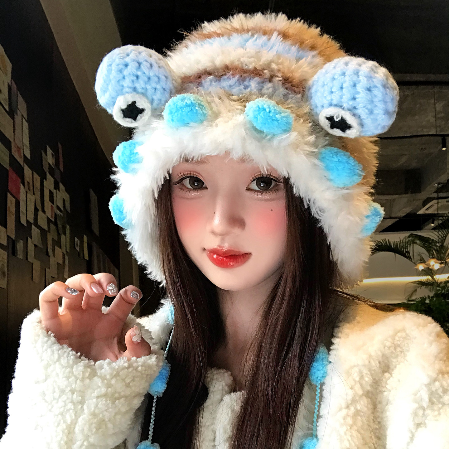 可爱小怪兽毛球流苏毛绒针织帽女冬季保暖防寒护耳毛线帽子显脸小