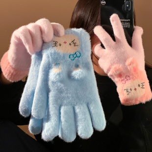 可爱卡通毛绒五指骑行针织手套女冬季 加厚保暖可触屏学生防寒分指