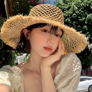 海邊沙灘度假遮陽帽拍照防曬太陽帽子 手工編織鏤空拉菲草帽女夏季