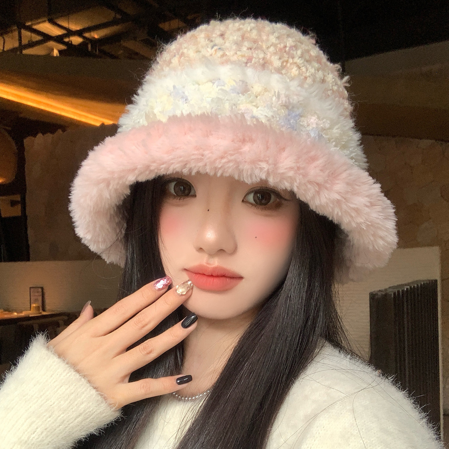 毛茸茸甜美粉色针织渔夫帽女冬季大头围加厚防寒保暖盆帽毛绒帽子,服饰配件/皮带/帽子/围巾,帽子,淘宝优惠券,粉丝福利购,淘宝优惠卷