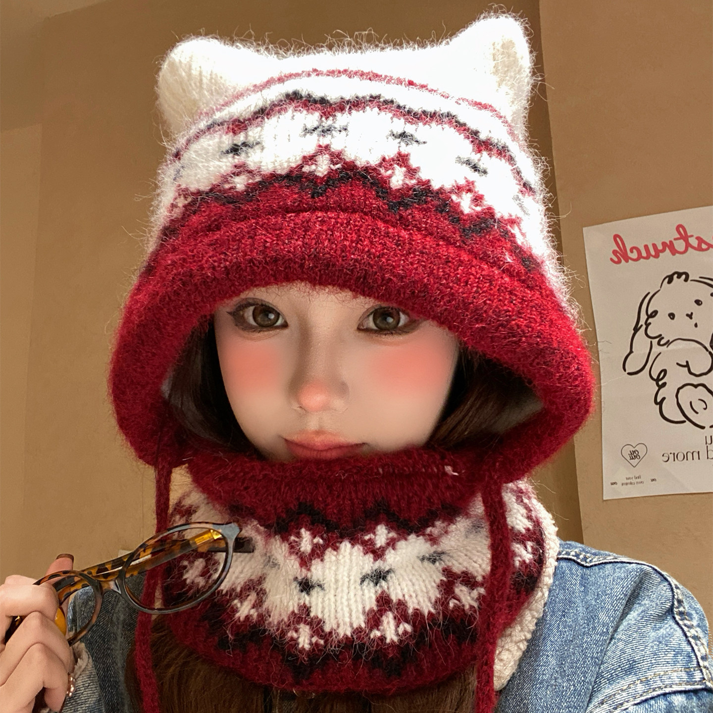 费尔岛风可爱猫耳针织毛线帽子围巾一体女秋冬季保暖护耳连帽围脖