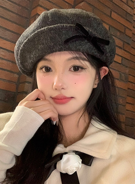 复古蝴蝶结灰色毛呢八角贝雷帽女2025年秋冬学院风显脸小报童帽子