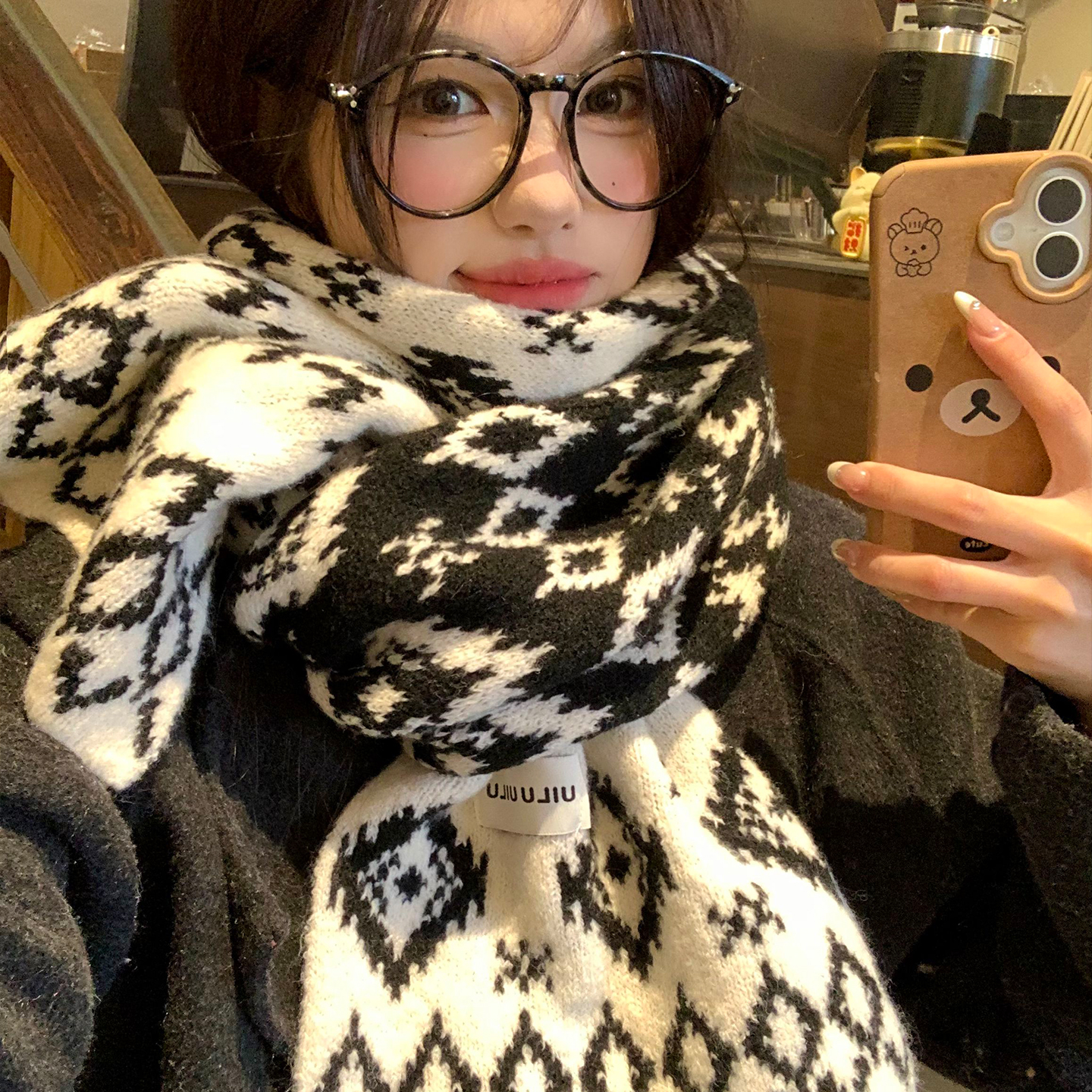 费尔岛黑白菱形格子双面针织围巾