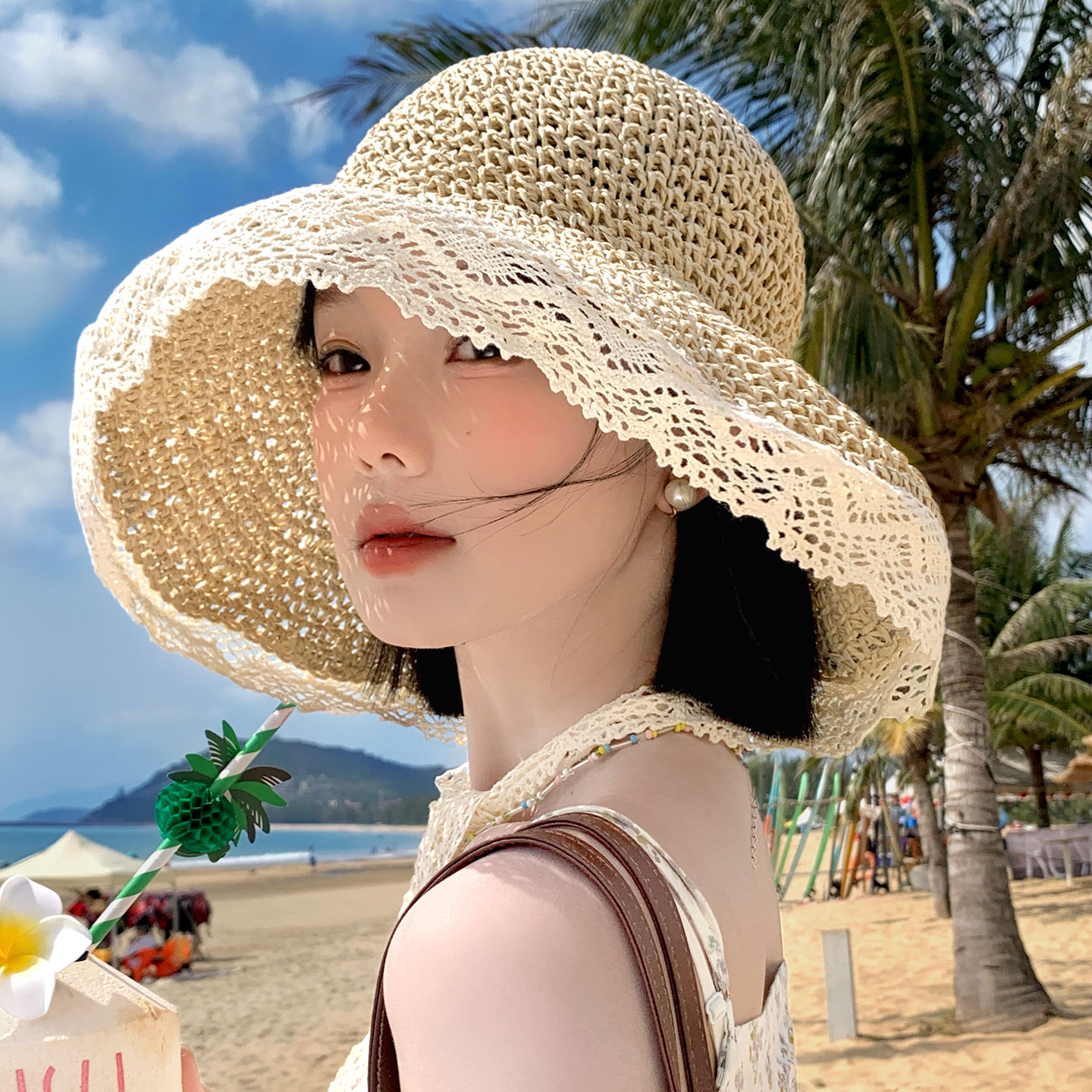 蕾丝花边飘带编织草帽女夏季大帽檐遮阳防晒帽子海边度假风渔夫帽