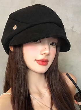 复古黑色褶皱八角贝雷帽女秋冬显脸小大头围气质百搭画家报童帽子