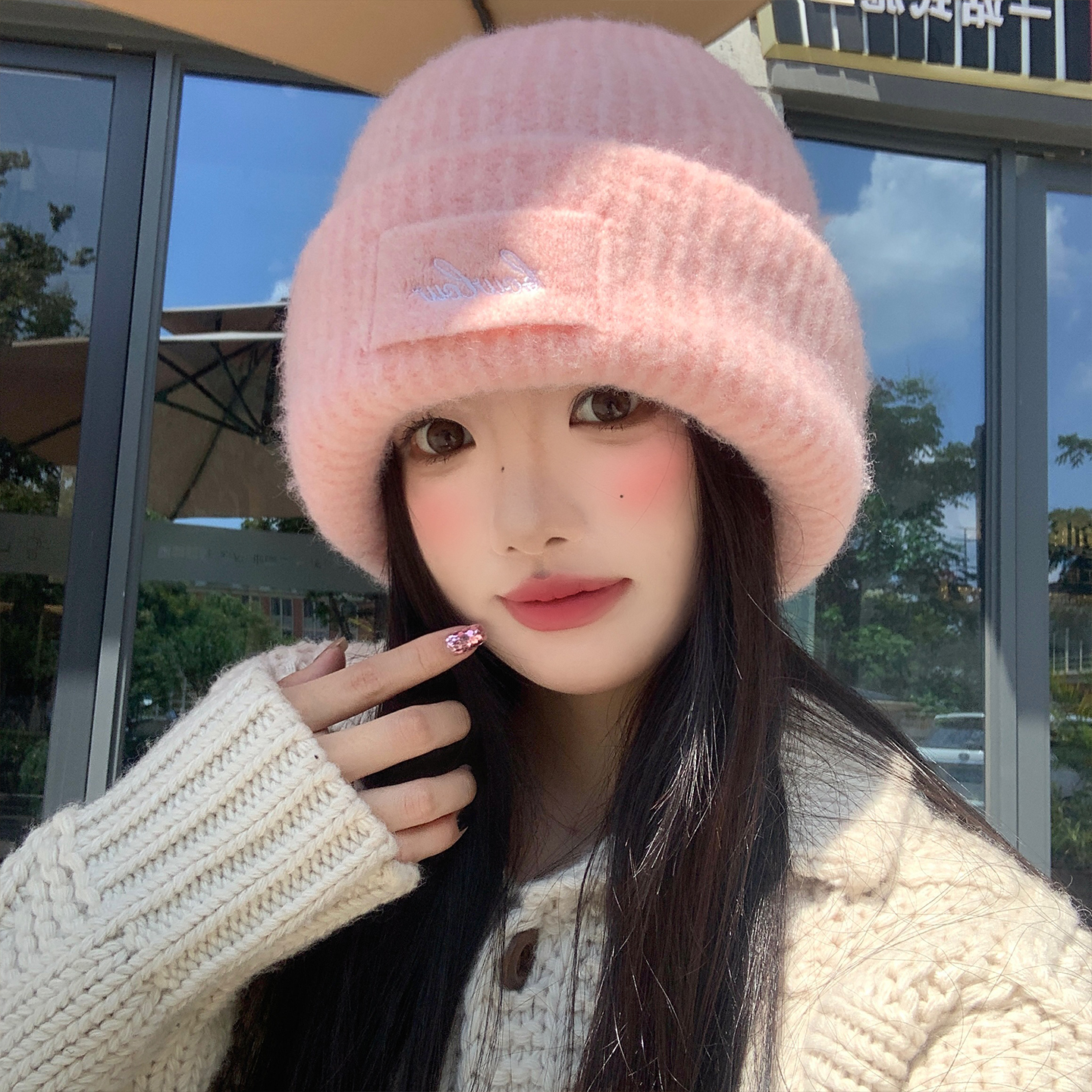 粉色针织毛线帽子女秋冬加厚