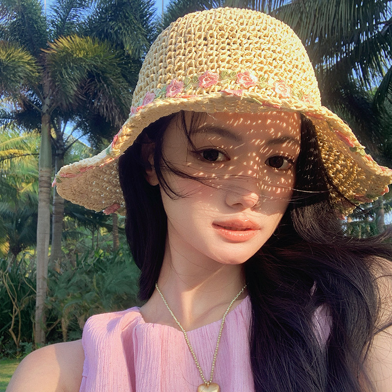 粉色碎花朵草帽女夏季大帽檐海边沙滩度假草编可折叠遮阳防晒帽子